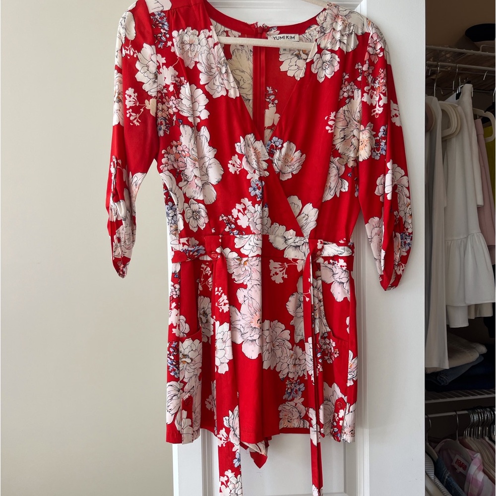 Yumi Kim Red Floral Wrap Romper in XS. Like NEW condition!